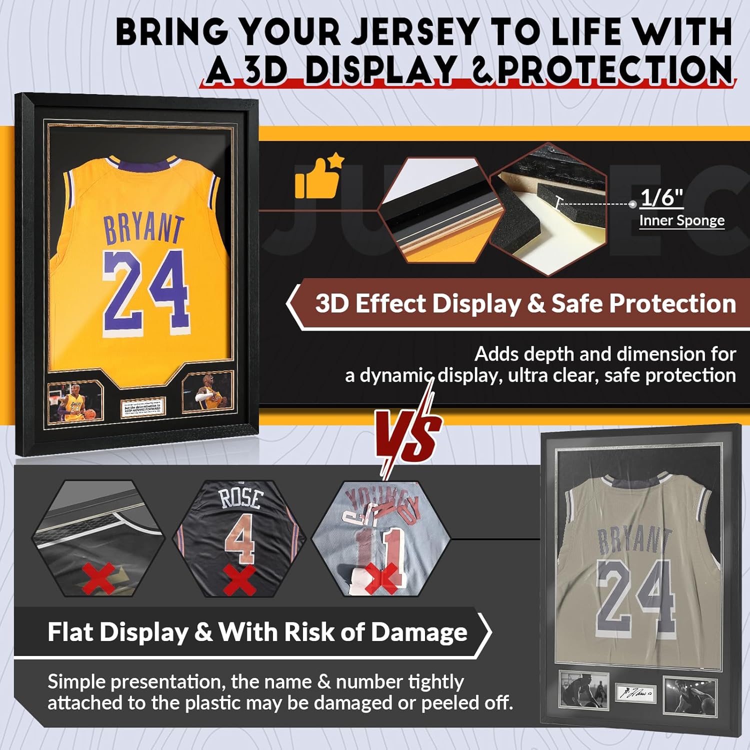 Sports jersey shadow box with 3D sponge padding for a premium floating display 