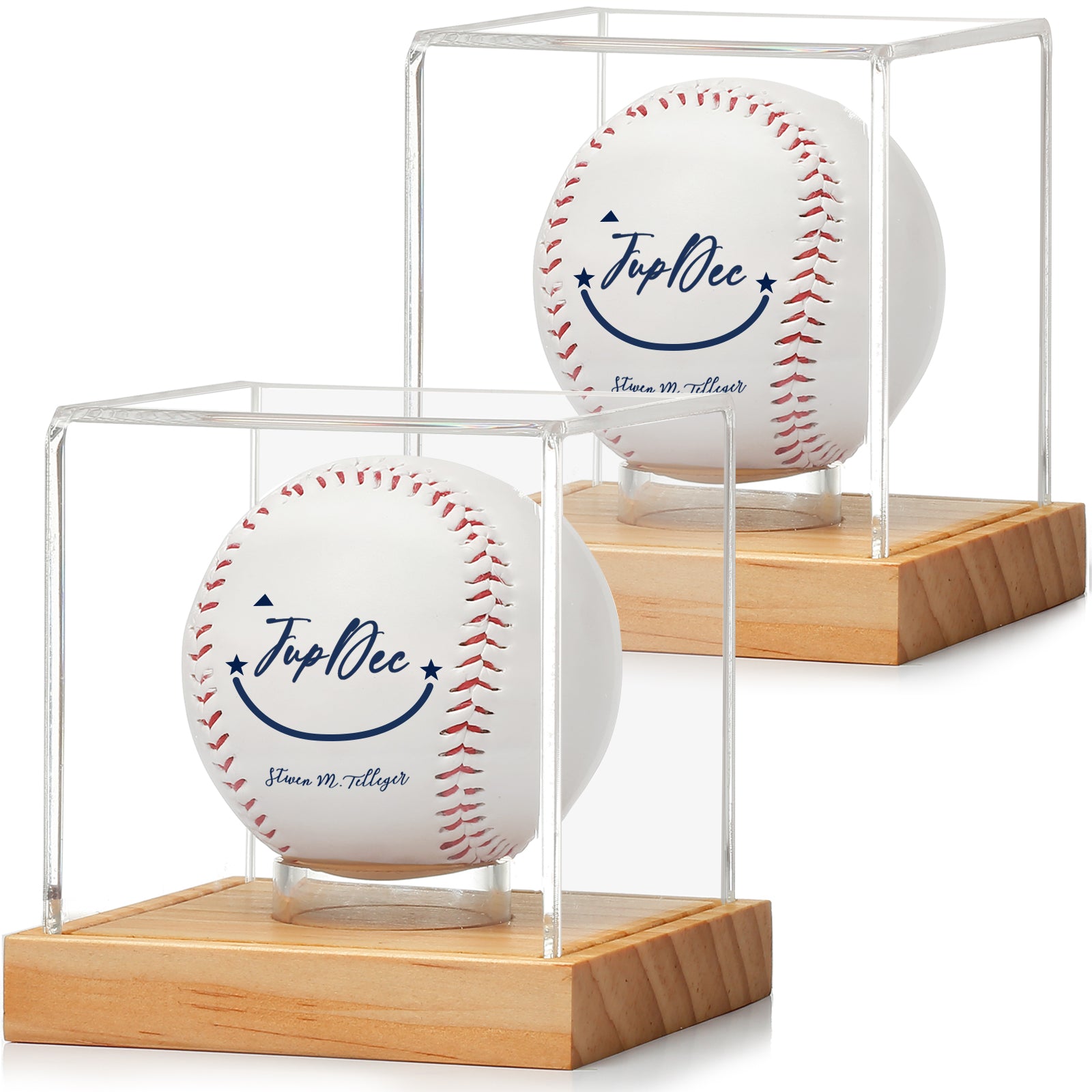 2-pack JupDec clear baseball display cases with wooden bases, perfect for showcasing signed baseballs or collectibles.