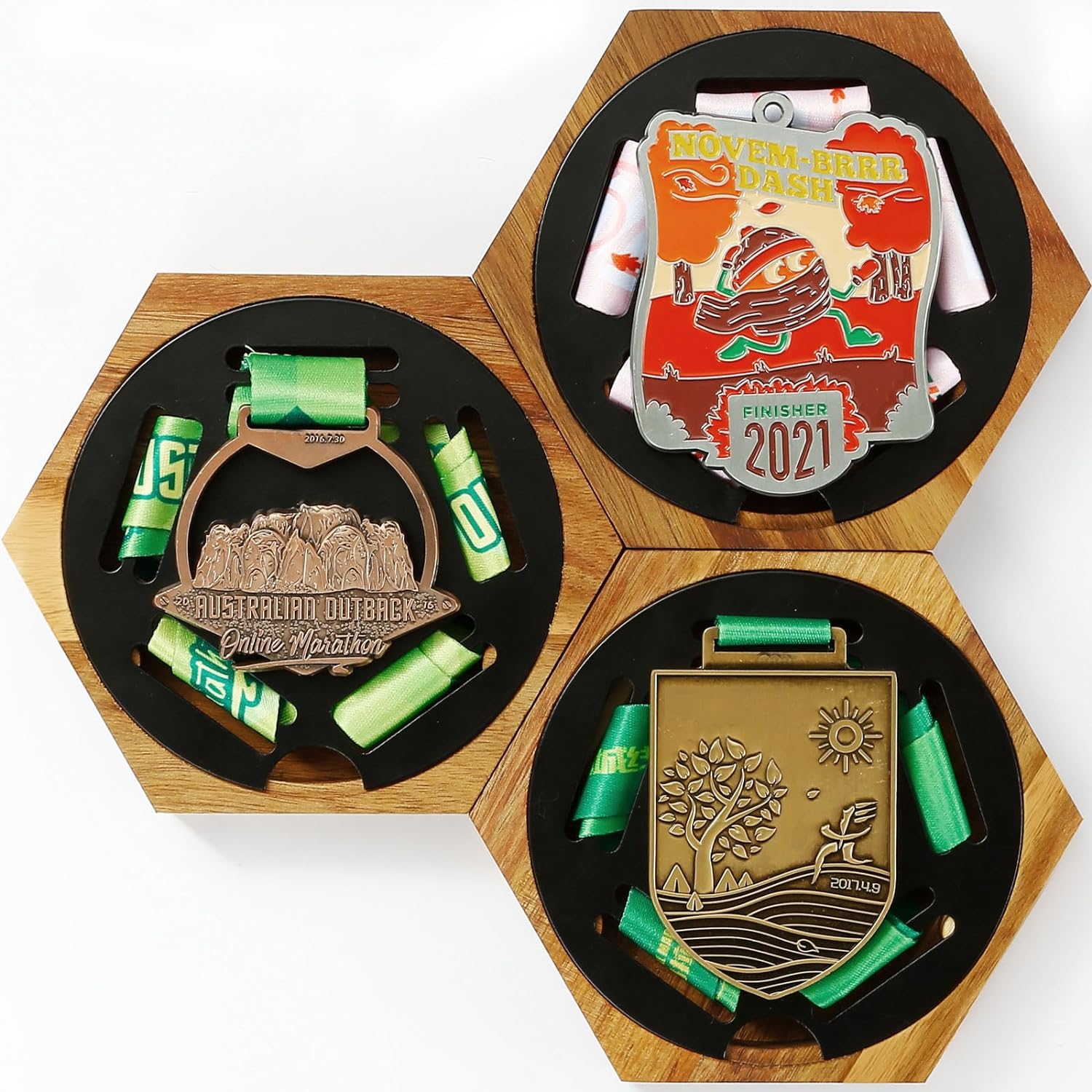 Set of 3 JupDec honeycomb medal displays wall-mounted in modular layout