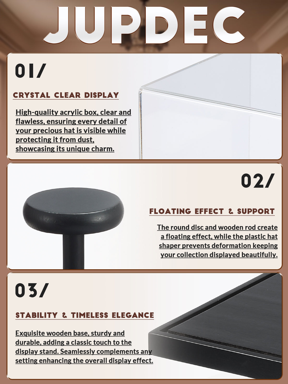  High-transparency acrylic cover of JupDec hat display box with 98% clarity and 3mm thick material