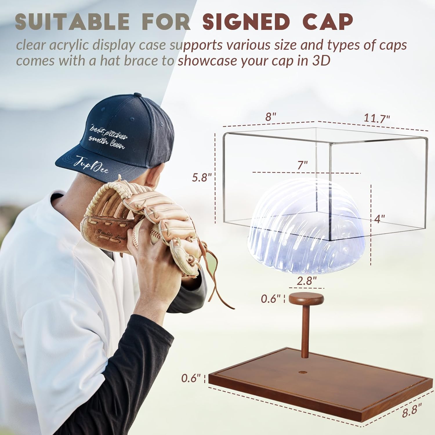 Size and dimension diagram of JupDec acrylic hat display box showing internal measurements for baseball caps and collectibles