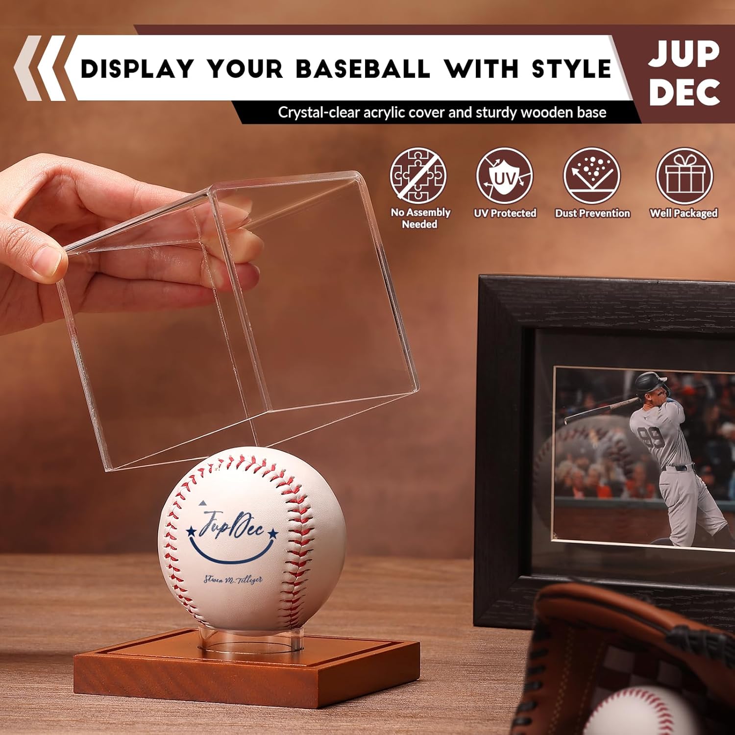 Baseball display case with brown acacia wood base, perfect for desk or shelf