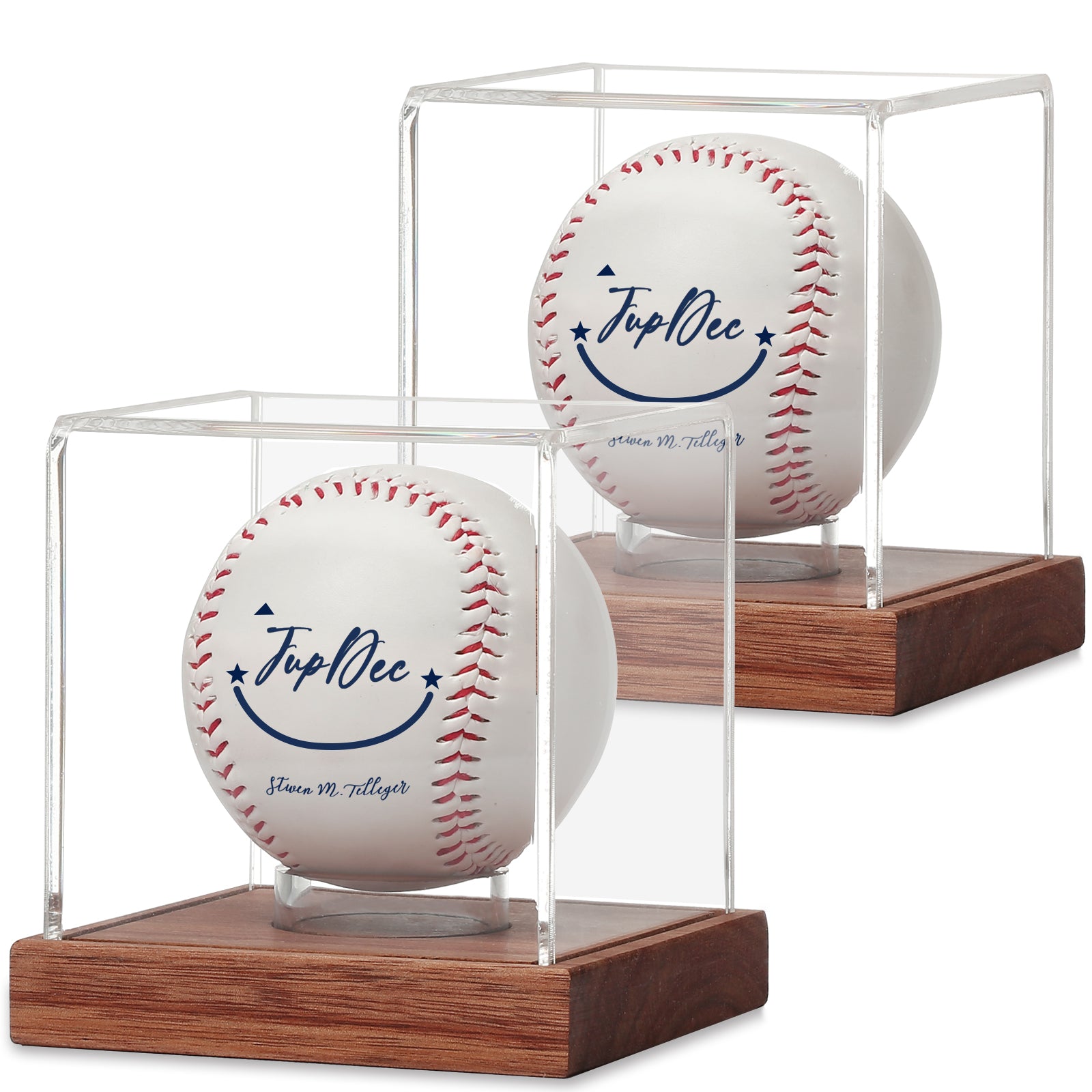 2-pack of clear acrylic baseball display cases with acacia wood bases, perfect for collectors