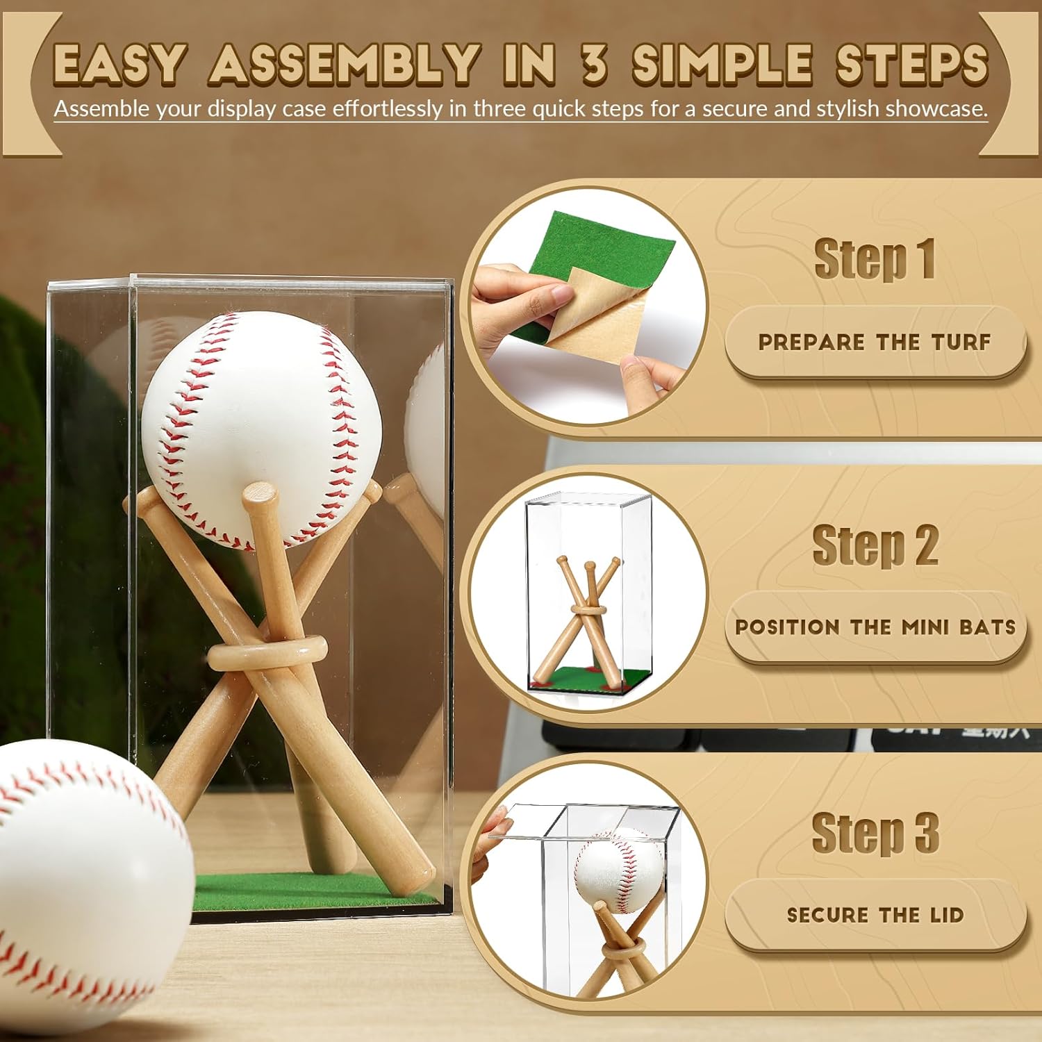 Easy assembly of baseball holder case with removable sliding lid and wooden supports.
