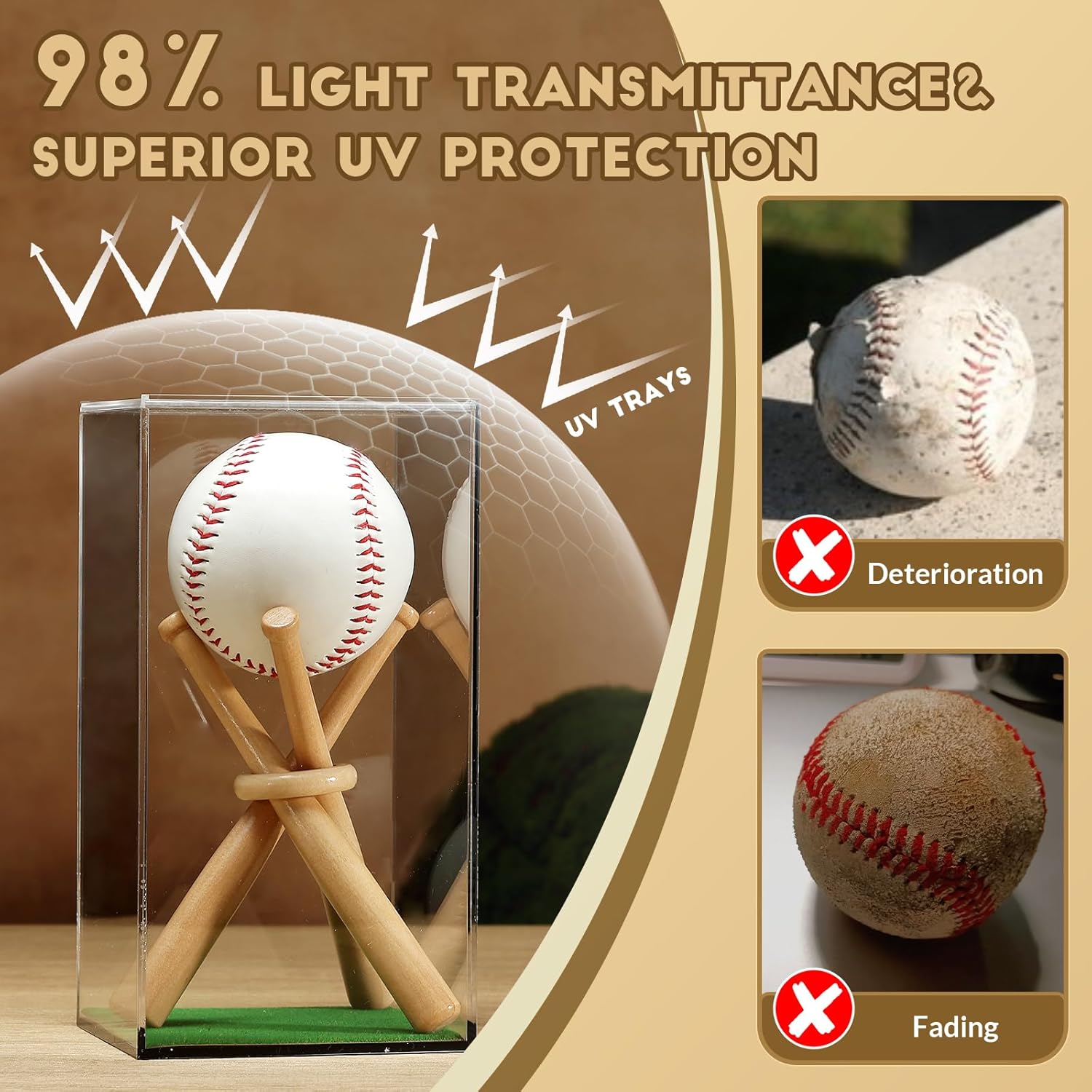 Baseball display case with UV protection preventing fading and yellowing of signed baseball.