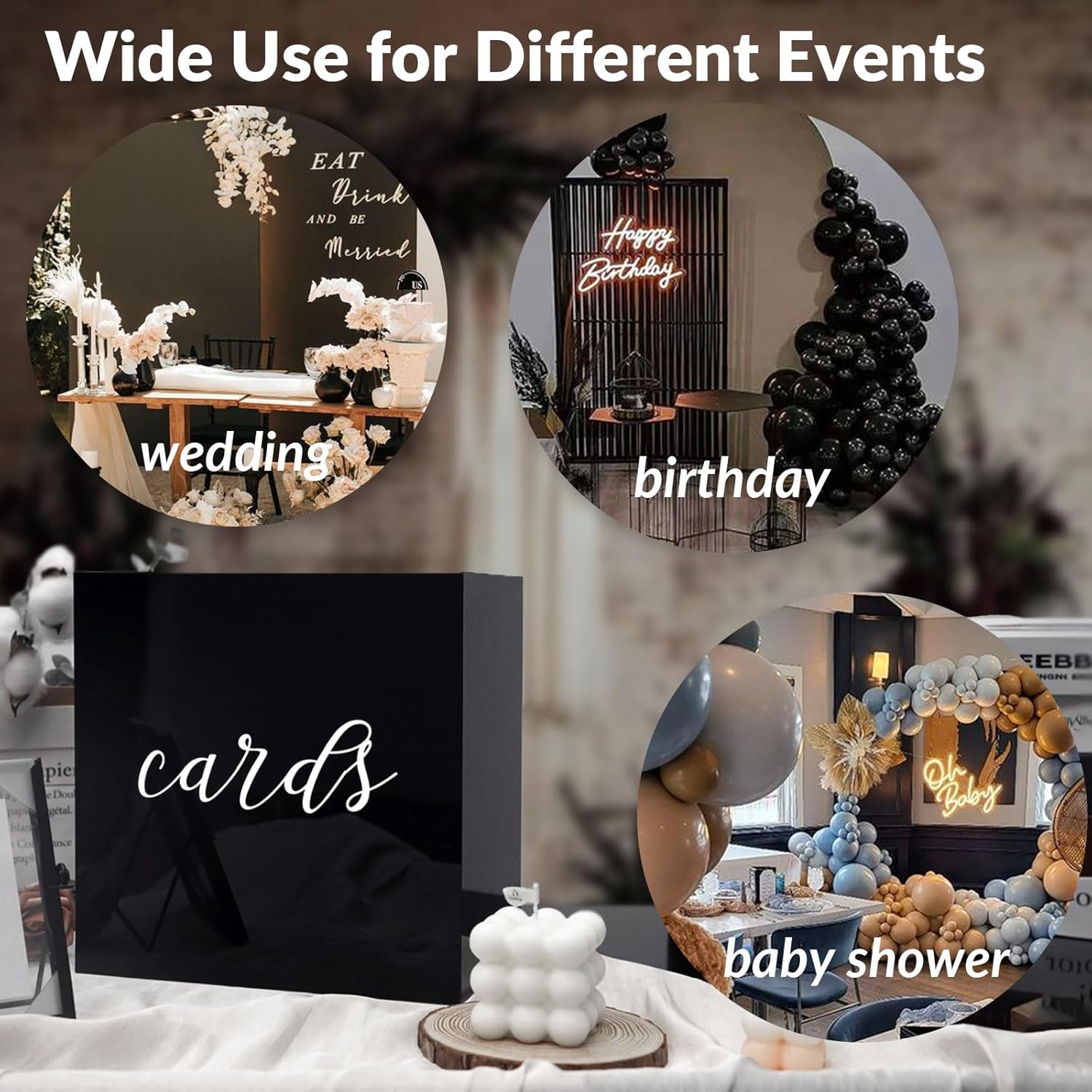 Black acrylic wedding card box holding birthday party gift cards and envelopes