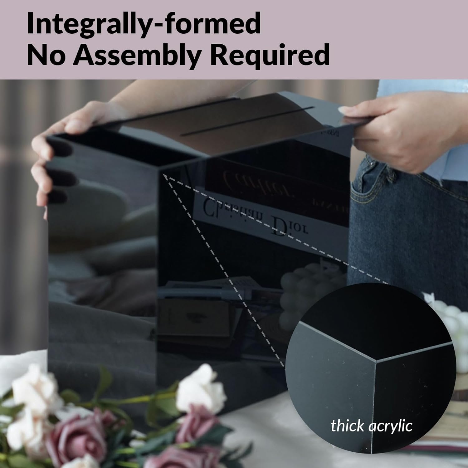 Close-up of slot on black acrylic wedding card box for easy card insertion