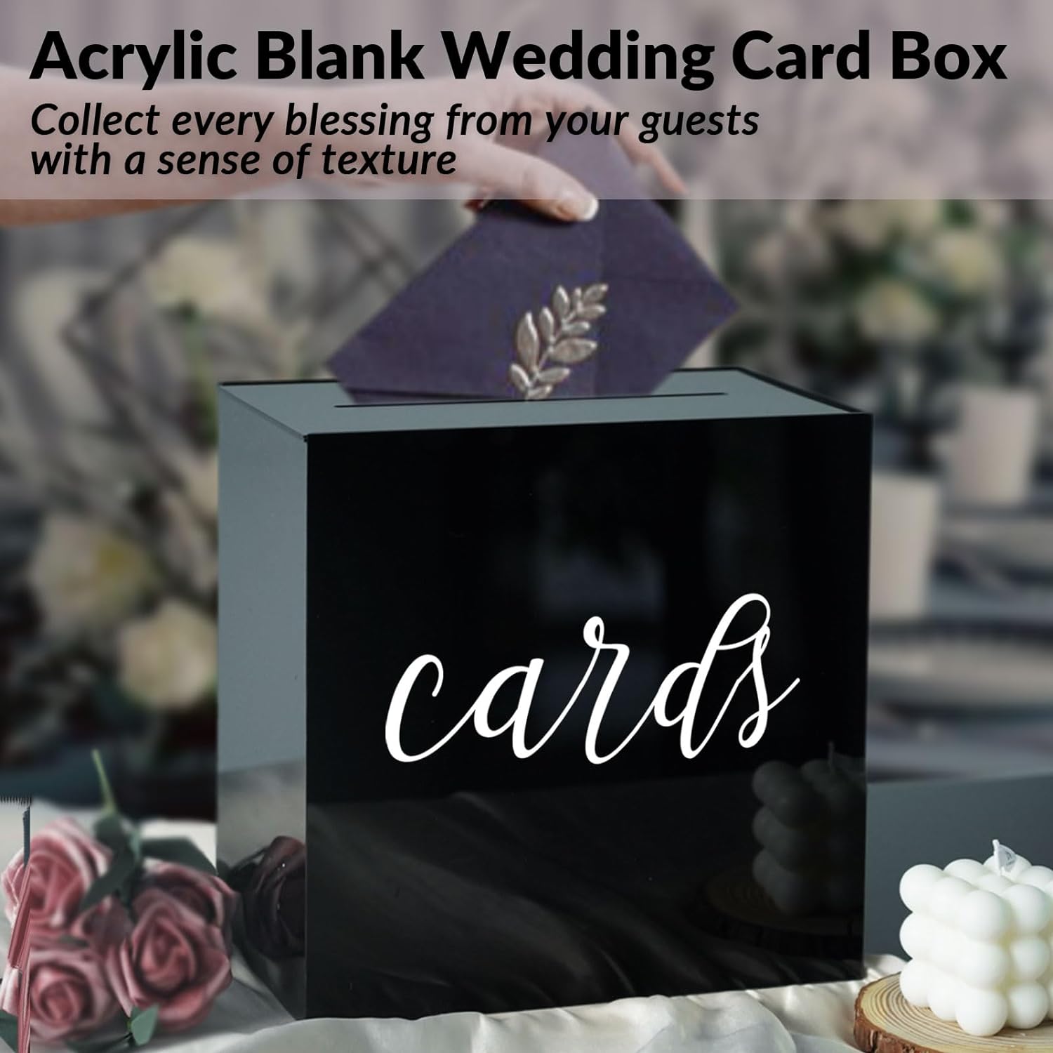 Elegant black acrylic wedding card box used as decoration at wedding reception