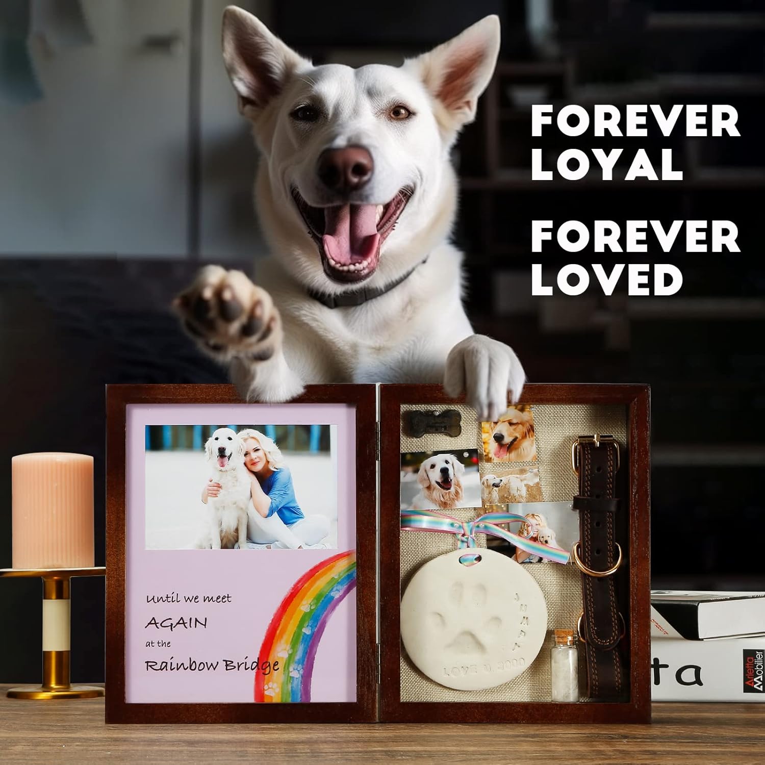 Pet memorial frame displayed on table, honoring a beloved pet 