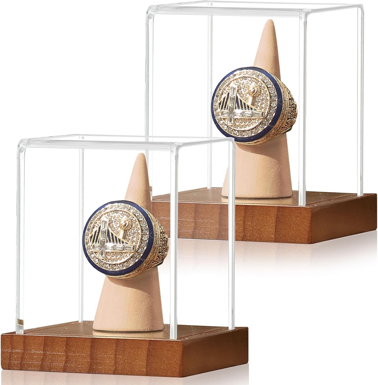 Fully assembled JupDec 2-pack sports ring display boxes showcasing two championship rings, highlighting UV protection and sturdy design.