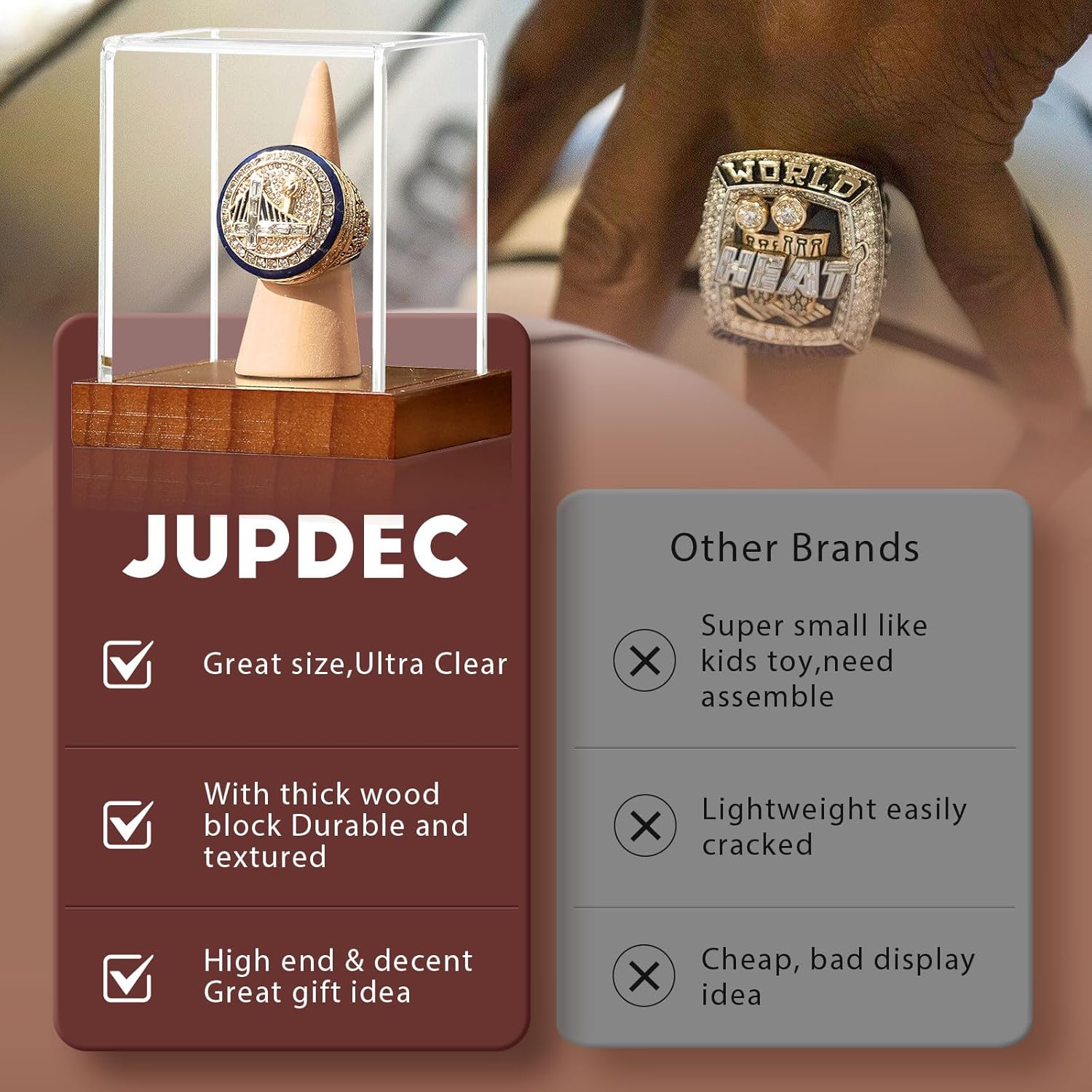 Close-up details of the JupDec sports ring display case showing clear acrylic and smooth wood finish