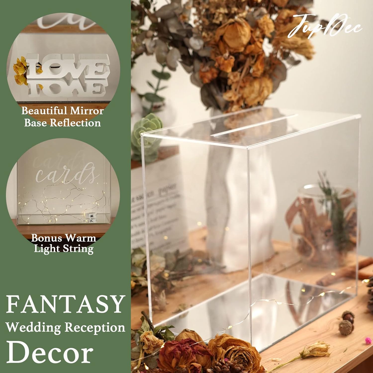 JupDec clear acrylic wedding card box decorated with 7.2ft decor light string, adding warm elegance.