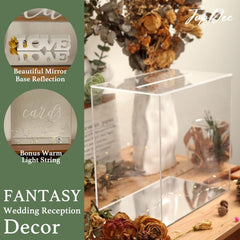 JupDec clear acrylic wedding card box decorated with 7.2ft decor light string, adding warm elegance.