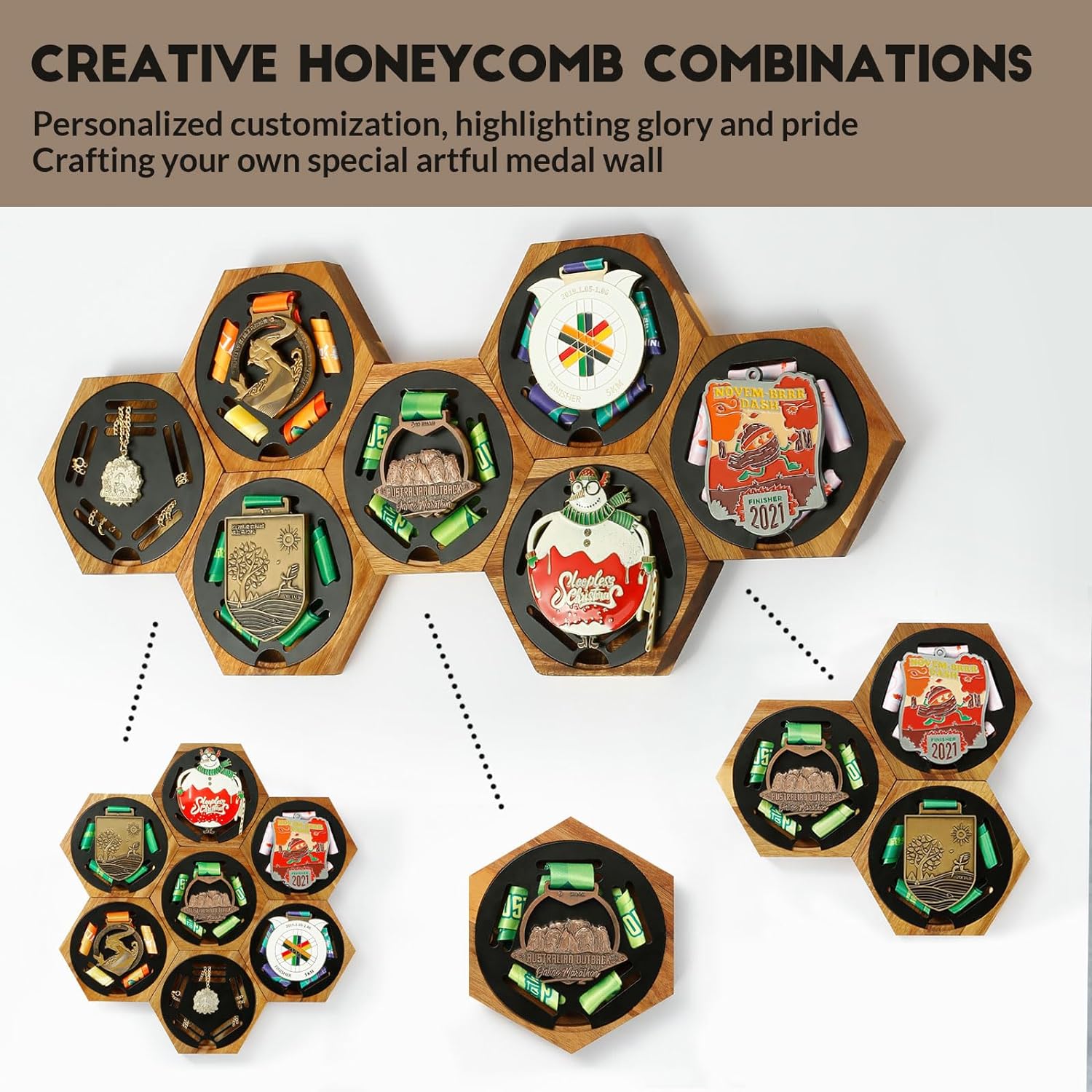 Expandable hexagon modular wall for displaying multiple medals