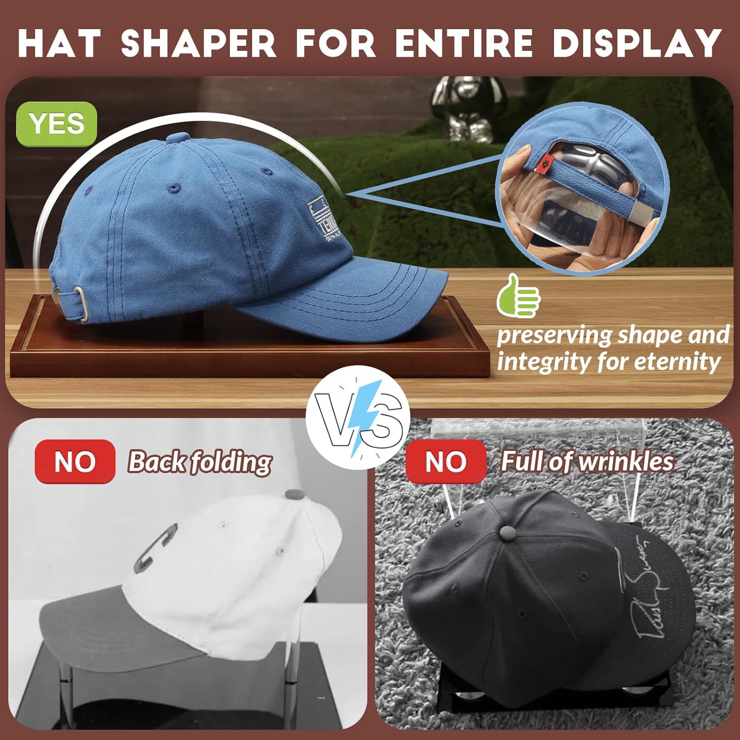 Internal hat shaper inside JupDec baseball hat display case, preserving the form and structure of signed caps