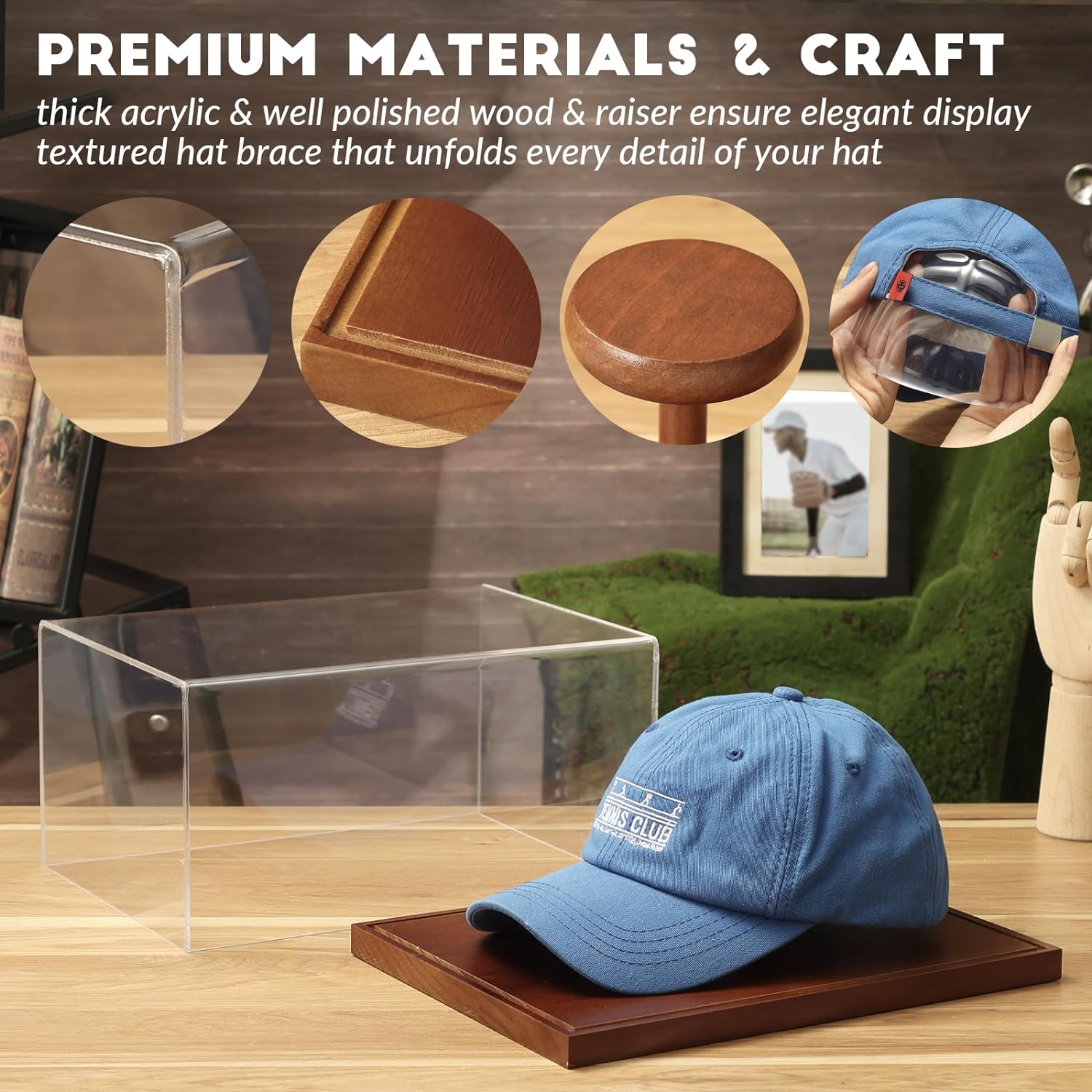 Full material breakdown of JupDec hat display case showing brown solid wood base, 98% clear acrylic, and UV protection features
