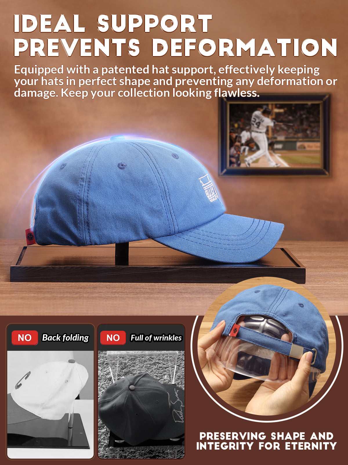 Inner hat shaper inside JupDec acrylic hat display case to maintain baseball cap shape and structure