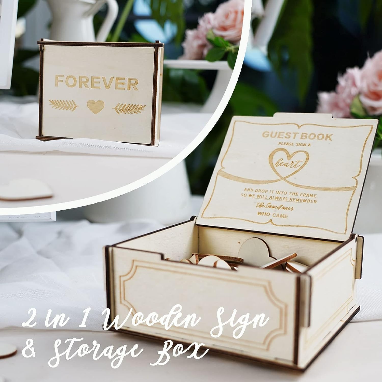  “Forever” metal label on the JupDec wooden wedding guest book for elegant reception decor.