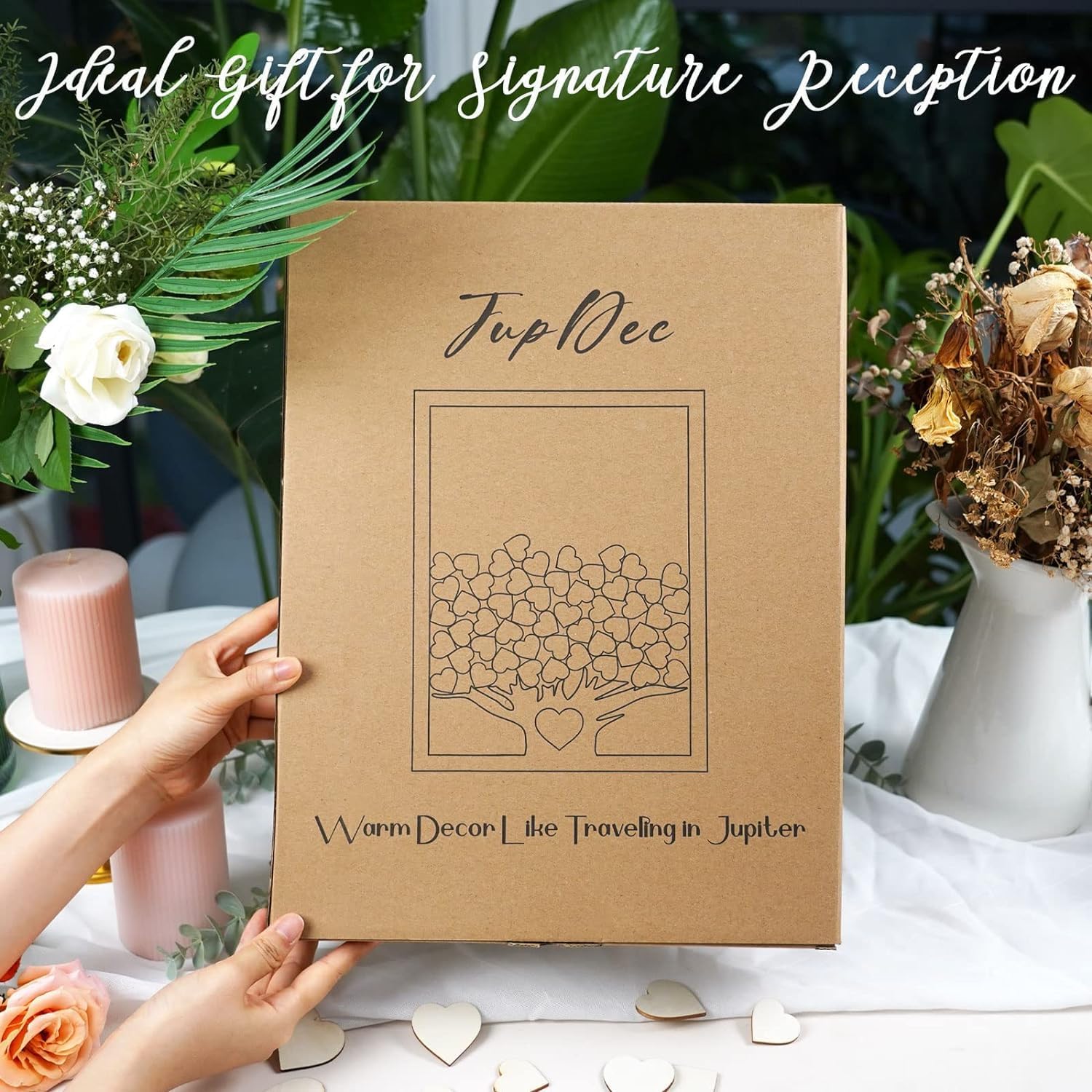 Wooden stand and storage box included with the JupDec rustic wedding guest book for easy display.