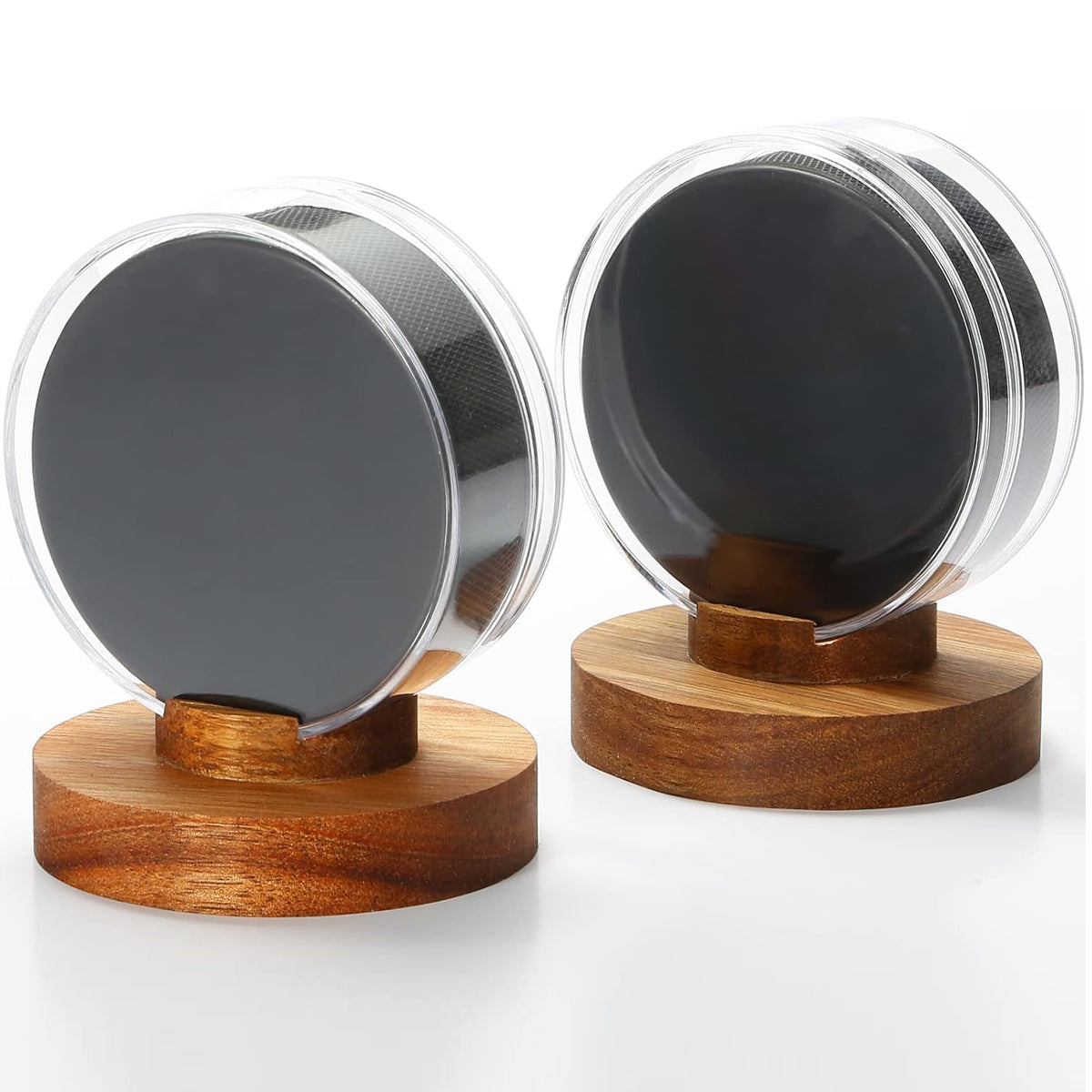 Clear acrylic hockey puck display case 2 pack with wood base showing front view for memorabilia protection