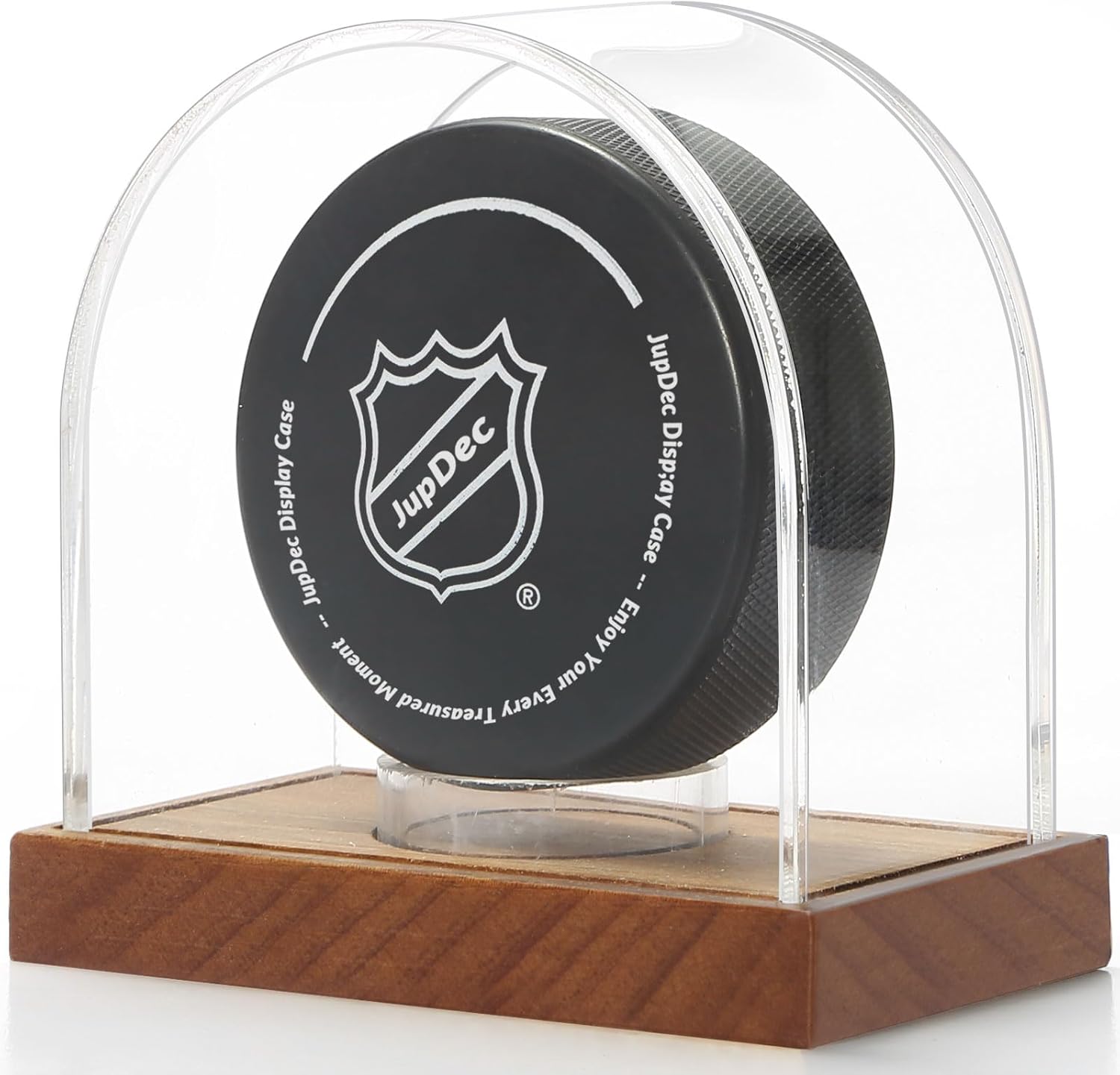 Clear acrylic hockey puck display case with wood base, front view showcasing elegant design.