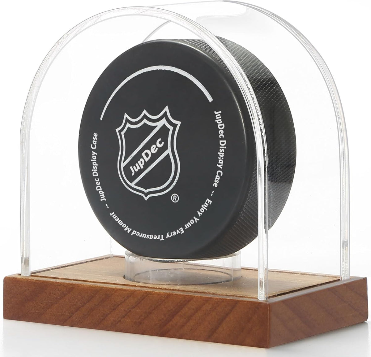 Clear acrylic hockey puck display case with wood base, front view showcasing elegant design.