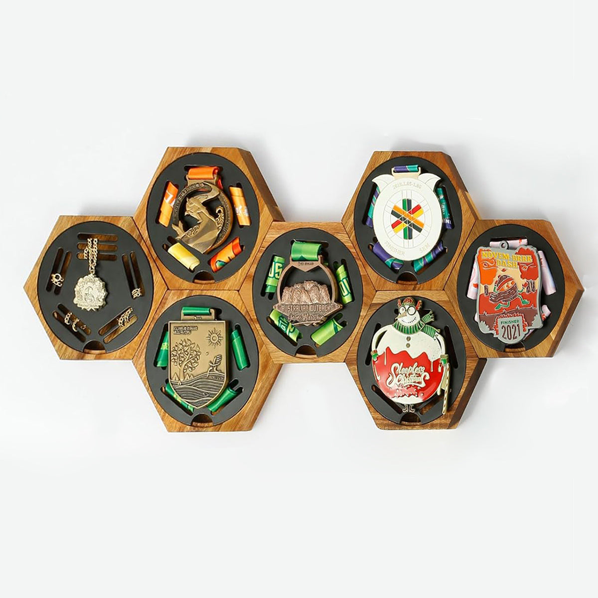 JupDec modular hexagon medal display showcasing 7 wooden magnetic holders for ribbon and metal medals