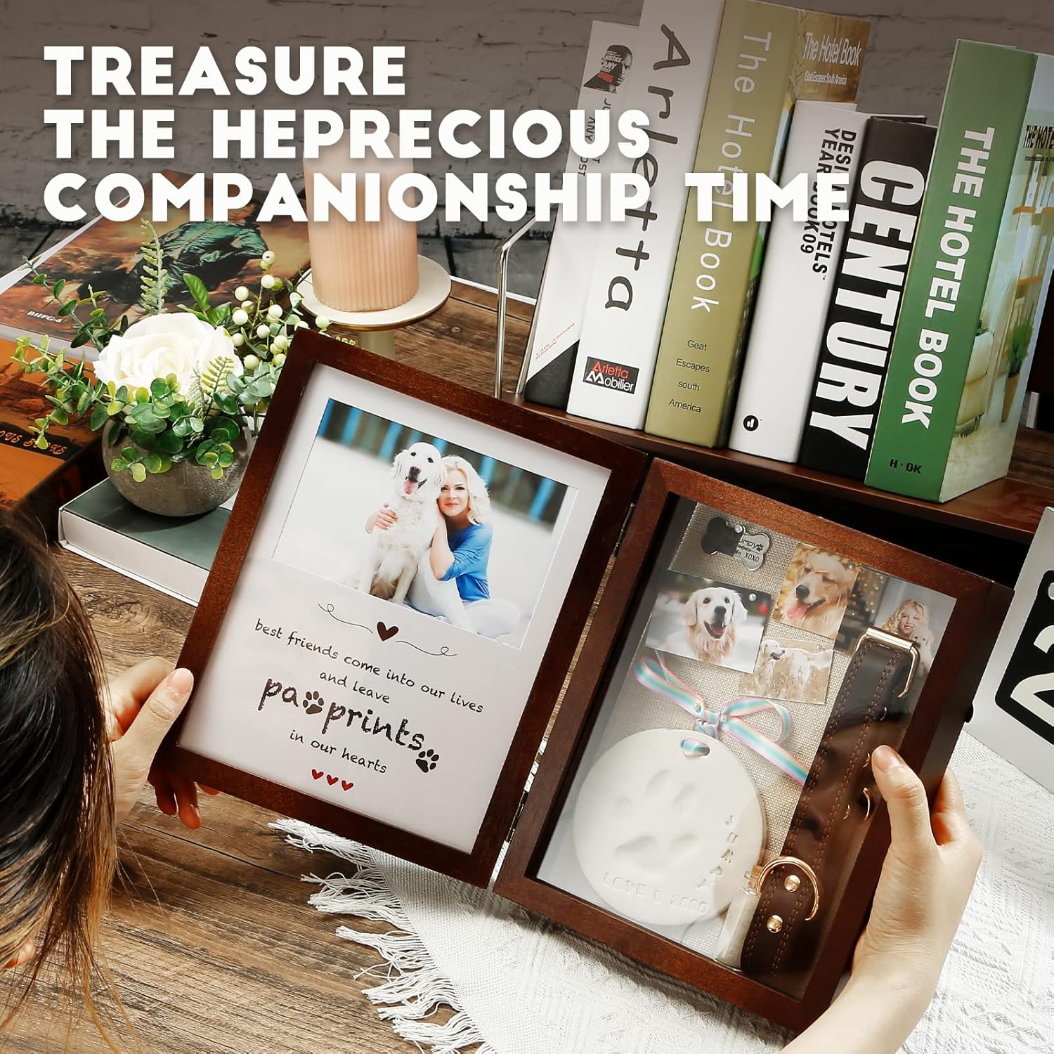 Collar, hair, and photo keepsake layout inside pet memorial box     