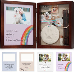 Front view of JupDec brown pet memorial shadow box with photo and paw print kit 