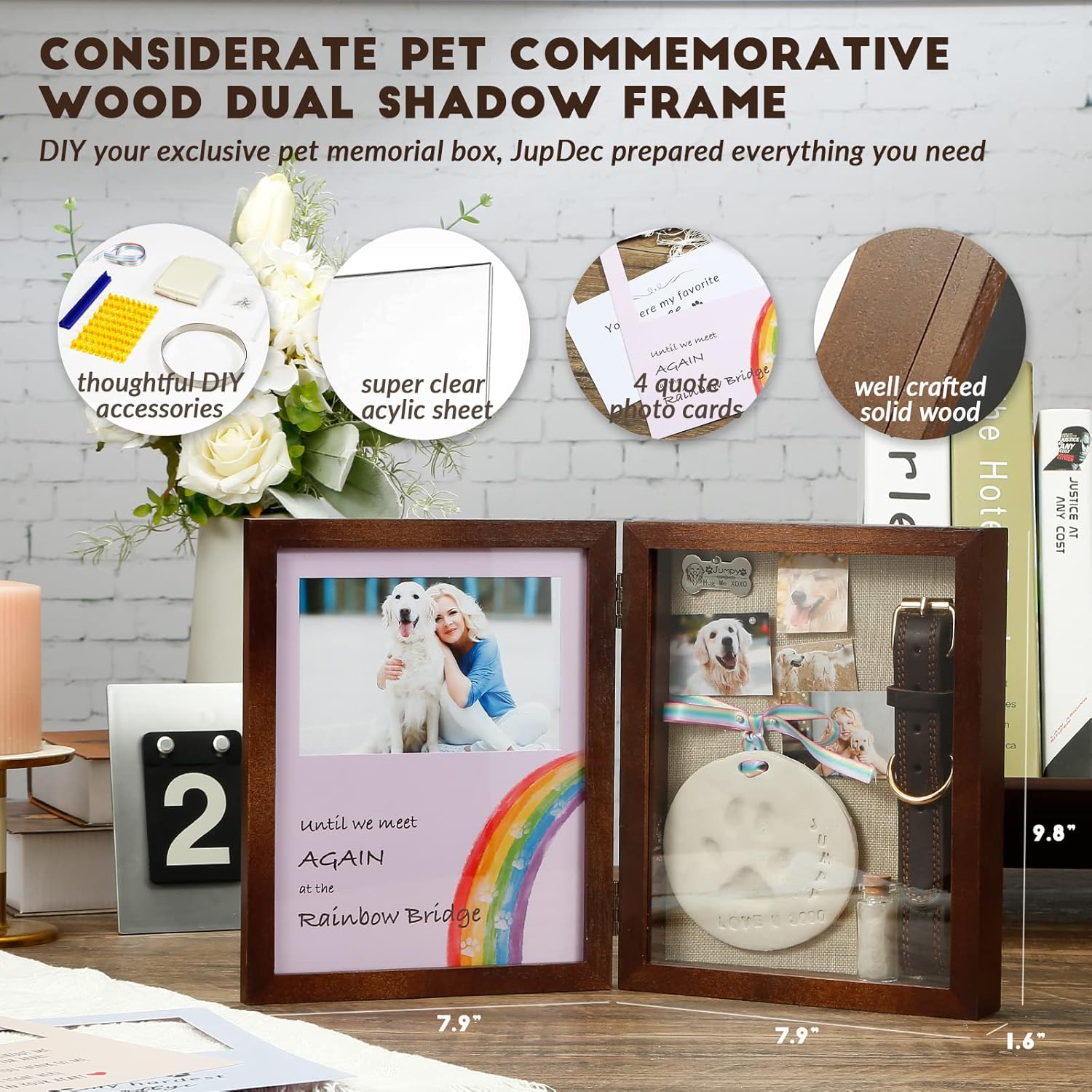 Close-up of high-quality brown wood frame of JupDec pet memory box