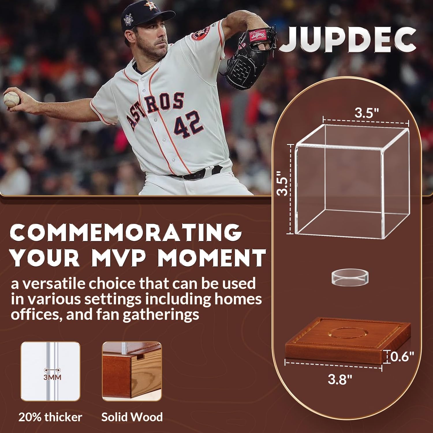 Autograph baseball holder cube with wooden base shown at an angle