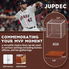 Autograph baseball holder cube with wooden base shown at an angle
