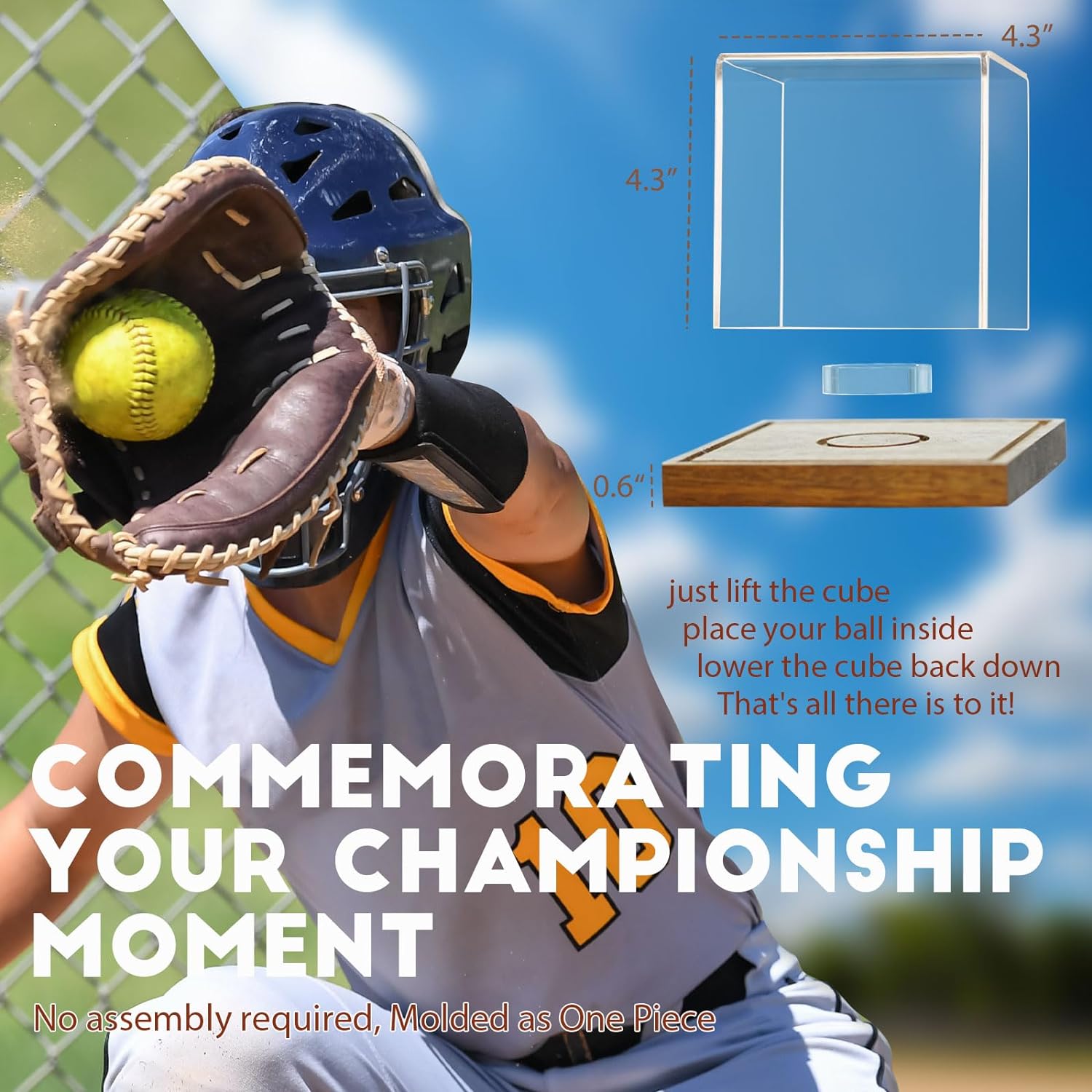 Fully assembled JupDec softball display cube ready to showcase prized softball memorabilia.