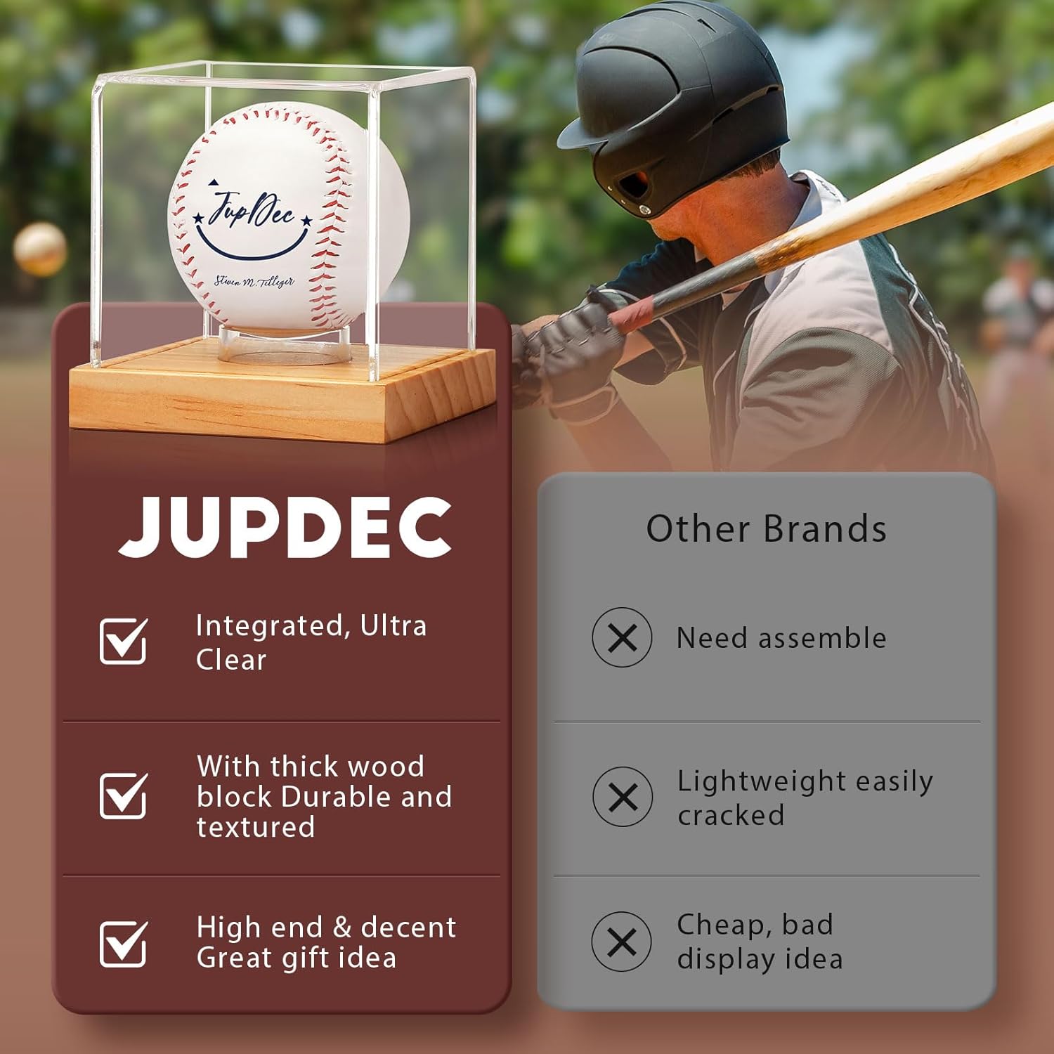 Comparison between JupDec baseball case and other brands, showcasing thicker acrylic and premium pine wood.