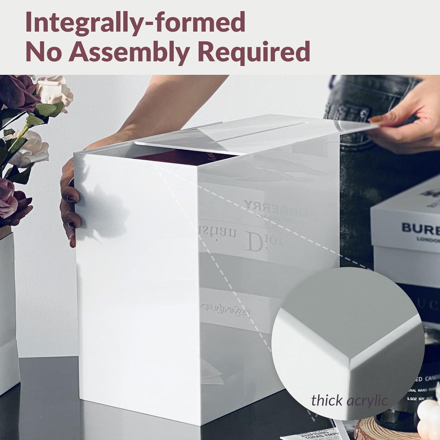 Spacious acrylic card box with removable lid, ideal for weddings, baby showers, and birthdays.