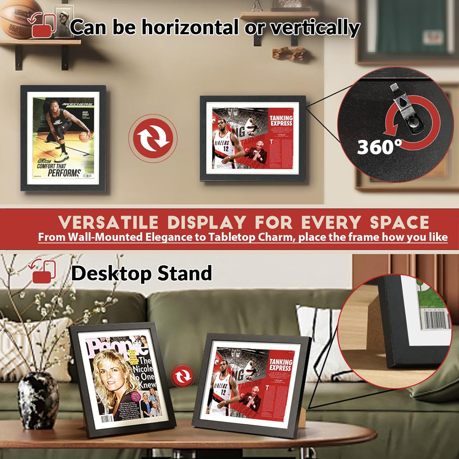 Magazine display frame shown in both horizontal and vertical mounting options for versatile use.