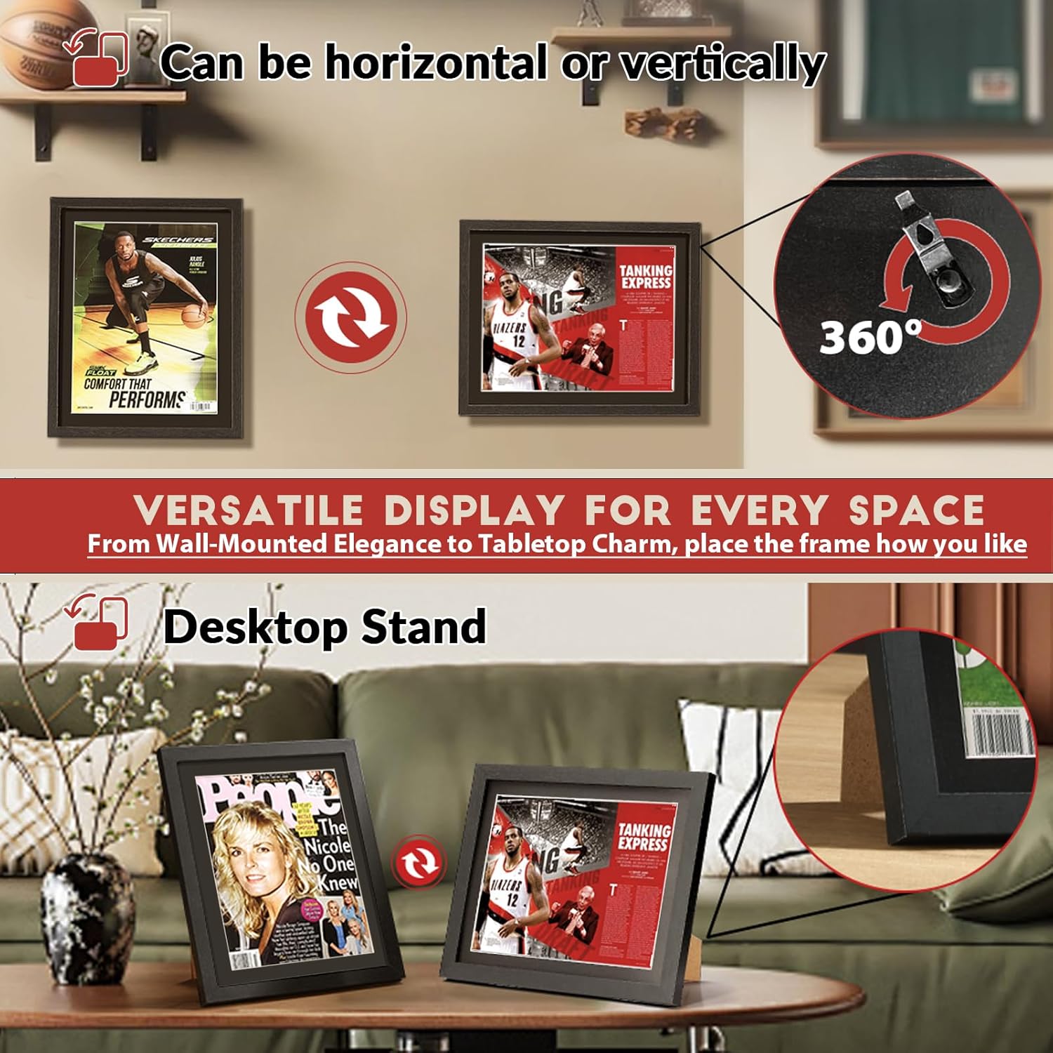 Black wood magazine display frame for wall mount, perfect for showcasing sports or fashion magazines