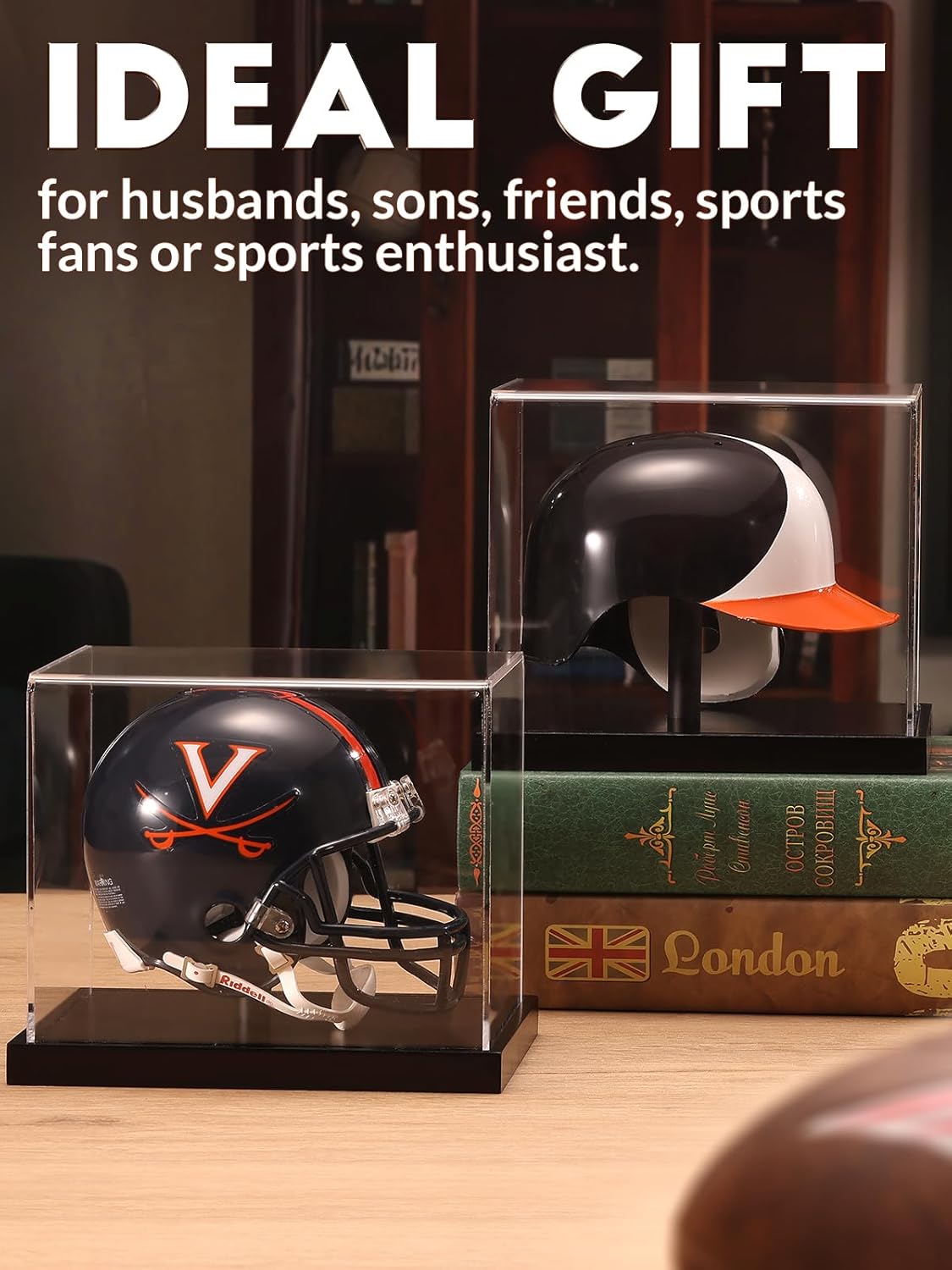Baseball mini helmet securely displayed in a mini helmet display shelf with UV-protected acrylic box