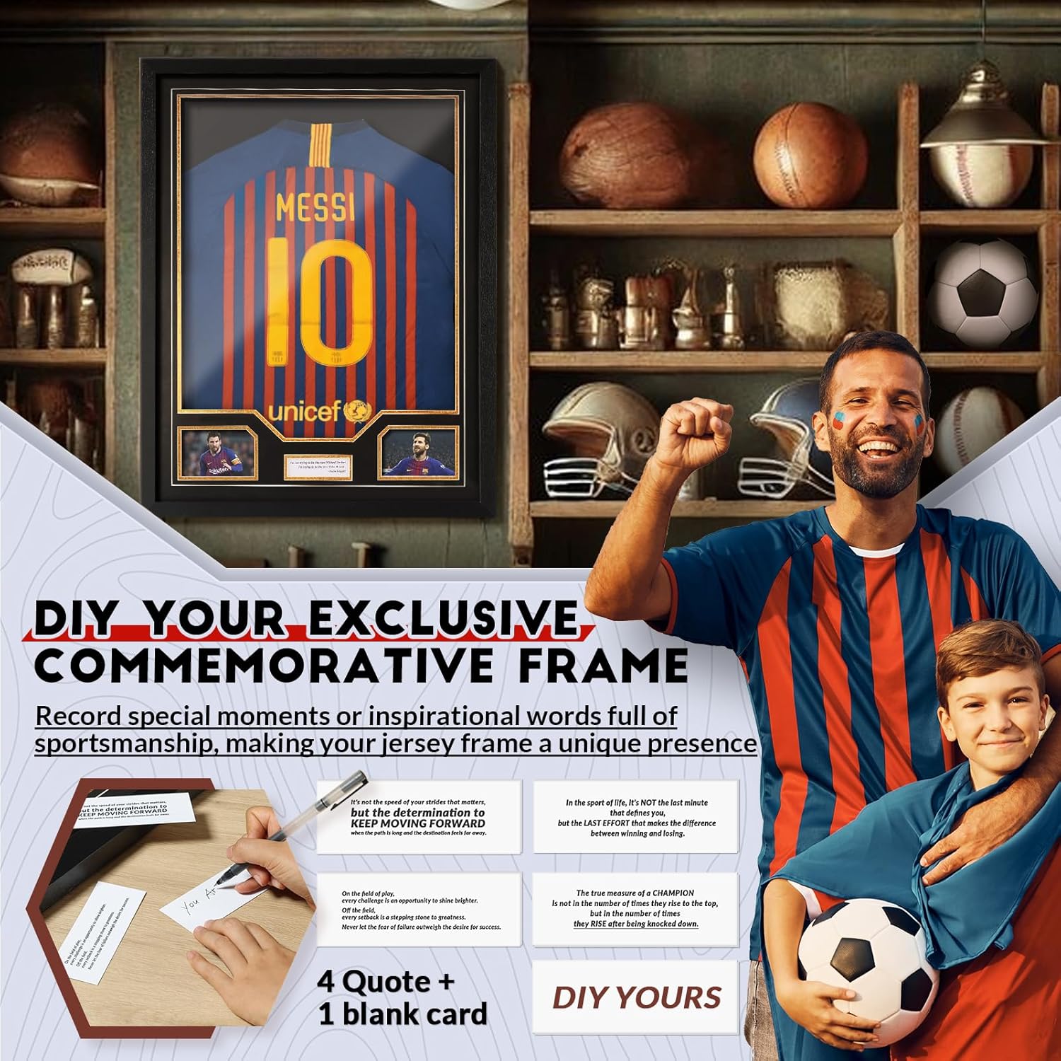 Custom photo and quote card slot on JupDec jersey frame for personalization