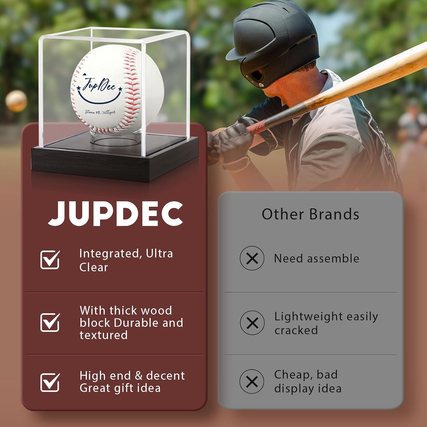 JupDec signed baseball display case offers better UV protection and stability than regular ball holders.