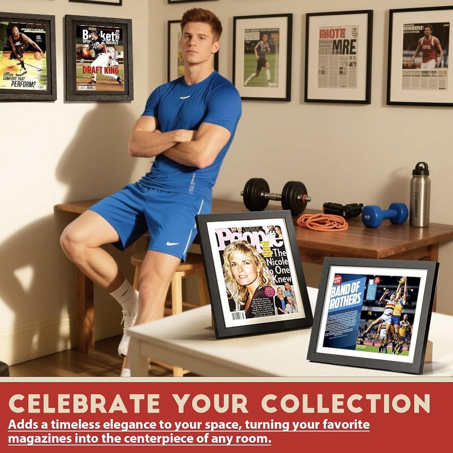 Tabletop magazine frame for sports decor, showcasing a framed Sports Illustrated cover on a desk.