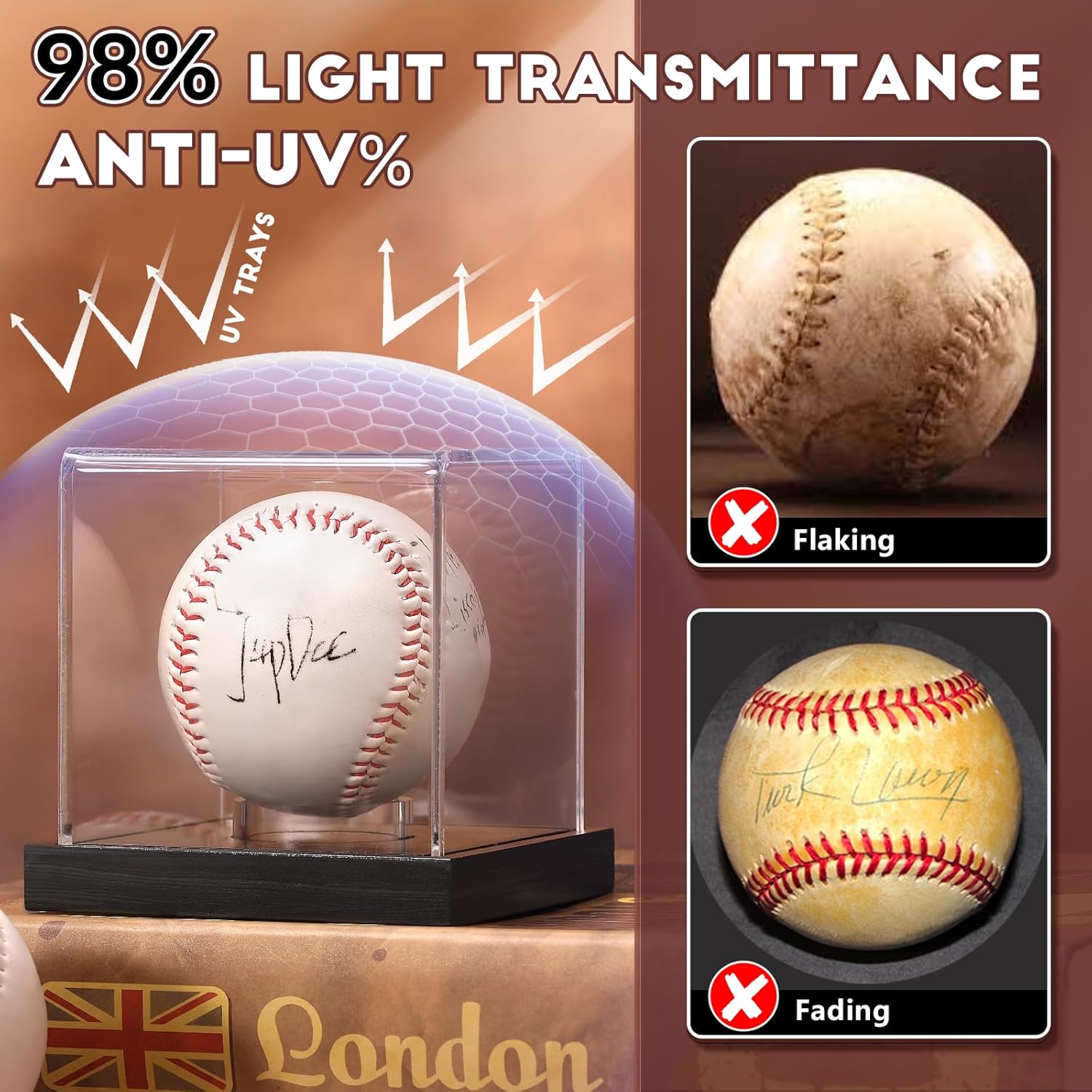 Baseball case comparison showing UV protection to prevent yellowing and signature fading – best display case for baseball.