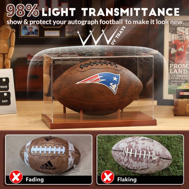 JupDec football display case with UV protection acrylic, preventing fading and damage from sunlight exposure