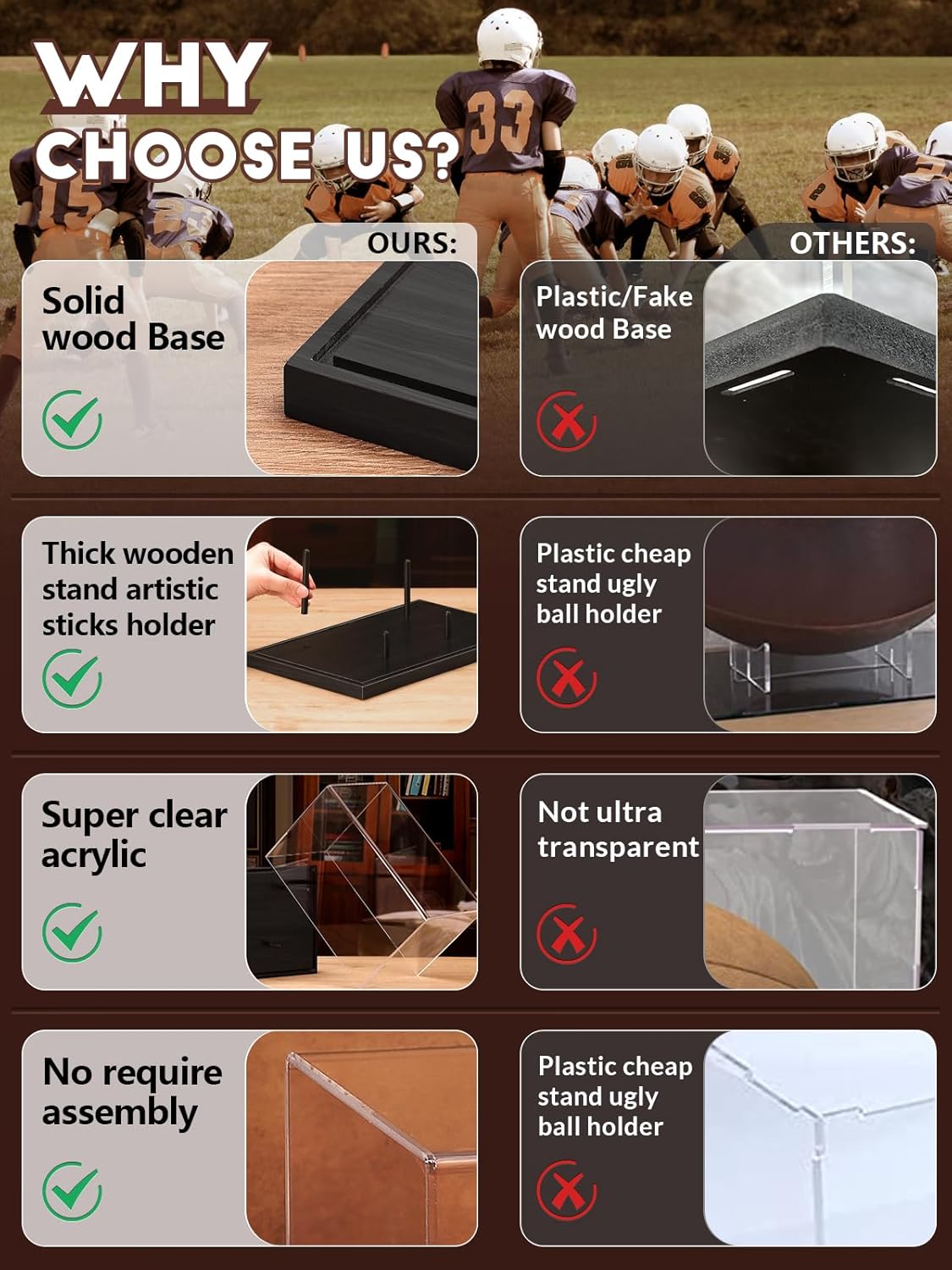Comparison of JupDec football display case with cheap plastic alternatives highlighting premium acrylic and wood
