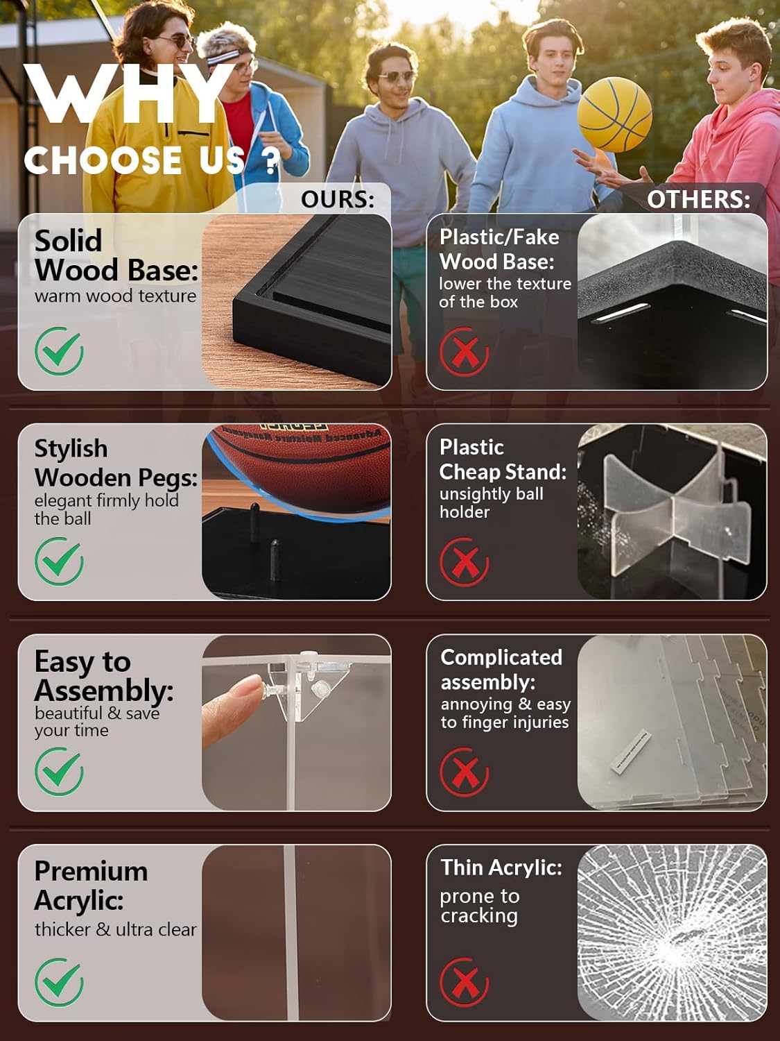 Comparison of JupDec acrylic basketball display case with other standard cases showing material, clarity, and base stability